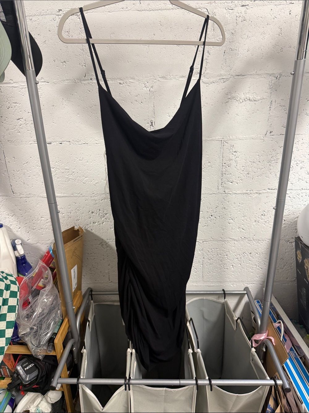 Bobi Cowl Neck Scruched Side Black Spaghetti Strap Dress - NWT - Size Large